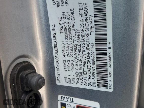 2019 Honda CR-V EX-L with VIN 5J6RW1H89KA021930, listed as a Copart auction lot 48809815 with 62,870 mi miles and Salvage Title. Bid and sale history available at carsss.com. Image 13.