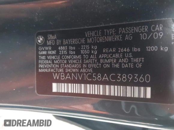 2010 BMW 5 Series 528i xDrive with VIN WBANV1C58AC389360, listed as a IAAI auction lot 41947472 with 109,666 mi miles and . Bid and sale history available at carsss.com. Image 9.