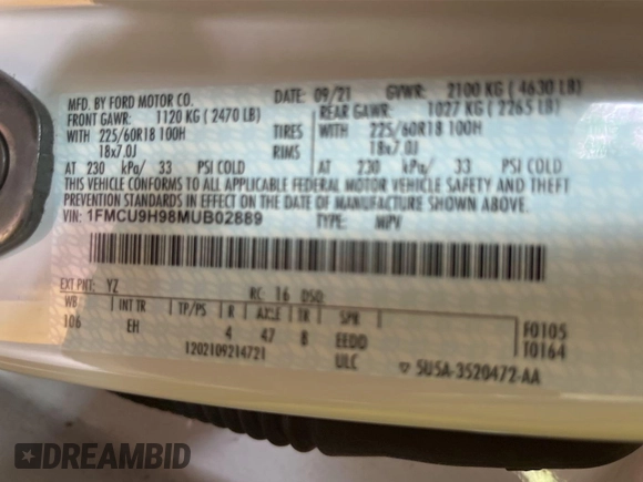 2021 Ford Escape SEL with VIN 1FMCU9H98MUB02889, listed as a IAAI auction lot 42569717 with 42,279 mi miles and . Bid and sale history available at DreamBid. Image 2.