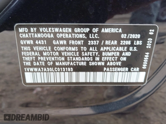 2020 Volkswagen Passat 2.0T SE with VIN 1VWWA7A30LC013193, listed as a IAAI auction lot 42127722 with 55,963 mi miles. Bid and sale history available at carsss.com. Image 9.