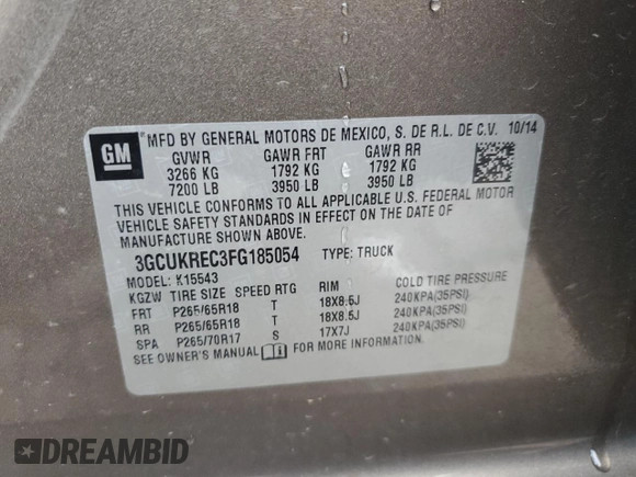 2015 Chevrolet Silverado 1500 LT with VIN 3GCUKREC3FG185054, listed as a Copart auction lot 45093615 with 87,907 mi miles and Salvage Title. Bid and sale history available at DreamBid. Image 13.