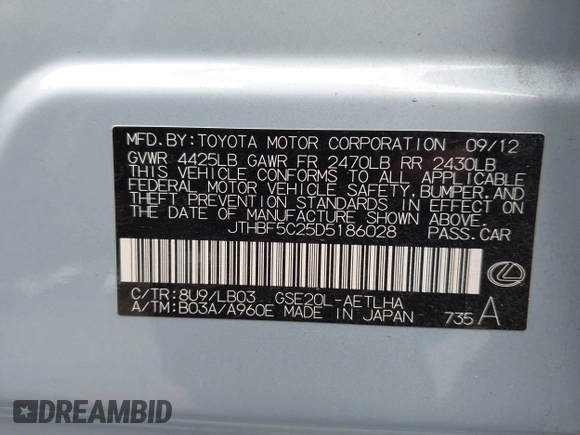 2013 Lexus IS 250 с VIN JTHBF5C25D5186028, выставлен на аукционе IAAI как лот 42201419 с пробегом 106 494 миль миль и . История ставок и продаж доступна на DreamBid. Изображение 9.