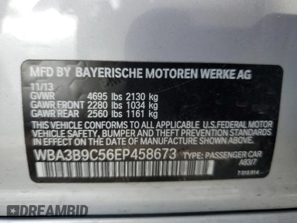 2014 BMW 3 Series 335i xDrive with VIN WBA3B9C56EP458673, listed as a Copart auction lot 52934245 with 37,852 mi miles and Salvage title. Bid and sale history available at DreamBid. Image 12.