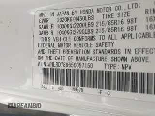 2005 Honda CR-V EX with VIN JHLRD78865C057150, listed as a IAAI auction lot 42148093 with 179,119 mi miles. Bid and sale history available at carsss.com. Image 9.