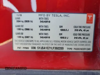 2020 Tesla Model S Long Range with VIN 5YJSA1E21LF360289, listed as a Copart auction lot 53632735 with 107,672 mi miles and Salvage Title. Bid and sale history available at carsss.com. Image 17.