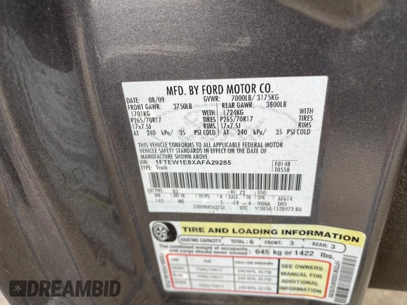2010 Ford F-150 XL с VIN 1FTEW1E8XAFA29285, выставлен на аукционе Copart как лот 62917765 с пробегом 194 317 миль миль и Чистый • Clean title. История ставок и продаж доступна на DreamBid. Изображение 10.
