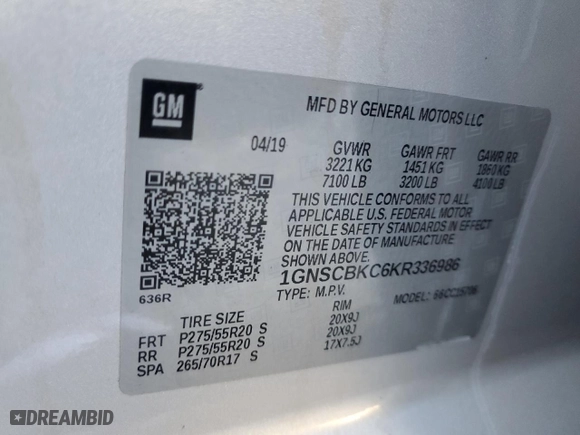 2019 Chevrolet Tahoe LT with VIN 1GNSCBKC6KR336986, listed as a Copart auction lot 76995454 with 66,775 mi miles and Salvage Title. Bid and sale history available at carsss.com. Image 13.