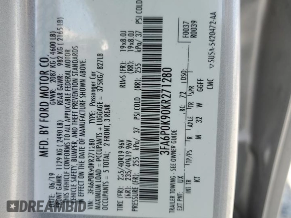 2019 Ford Fusion Titanium with VIN 3FA6P0K90KR271280, listed as a Copart auction lot 59572085 with 137,362 mi miles and Clean title. Bid and sale history available at DreamBid. Image 12.