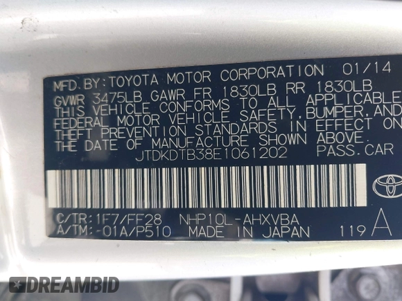 2014 Toyota Prius One with VIN JTDKDTB38E1061202, listed as a IAAI auction lot 42044747 with 133,409 mi miles and . Bid and sale history available at DreamBid. Image 9.