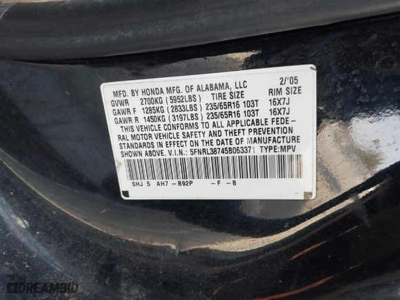2005 Honda Odyssey EX-L with VIN 5FNRL38745B063371, listed as a IAAI auction lot 41798082 with 222,879 mi miles. Bid and sale history available at carsss.com. Image 9.