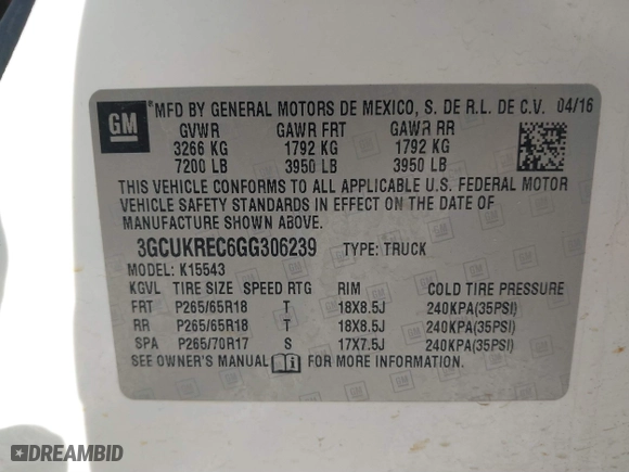 2016 Chevrolet Silverado 1500 LT with VIN 3GCUKREC6GG306239, listed as a IAAI auction lot 41380251 with 128,042 mi miles. Bid and sale history available at carsss.com. Image 9.