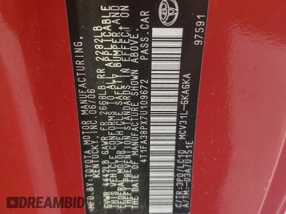2007 Toyota Solara SE with VIN 4T1FA38PX7U109672, listed as a Copart auction lot 73306244 with Not Provided miles and Salvage Title. Bid and sale history available at DreamBid. Image 12.