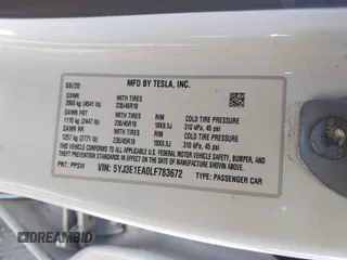 2020 Tesla Model 3 Standard Range Plus with VIN 5YJ3E1EA0LF783672, listed as a IAAI auction lot 41903431 with 52,157 mi miles and . Bid and sale history available at carsss.com. Image 9.