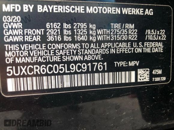 2020 BMW X5 xDrive40i with VIN 5UXCR6C05L9C91761, listed as a Copart auction lot 53070275 with 95,357 mi miles and Clean Title. Bid and sale history available at carsss.com. Image 13.