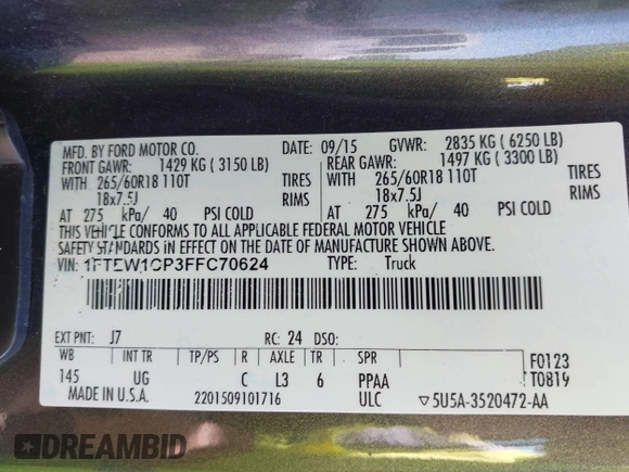 2015 Ford F-150 XL with VIN 1FTEW1CP3FFC70624, listed as a IAAI auction lot 42017392 with Not provided miles and . Bid and sale history available at DreamBid. Image 9.