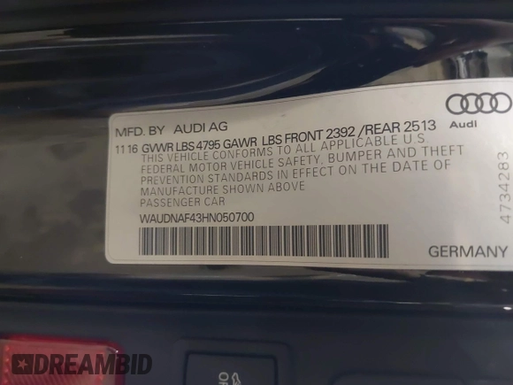 2017 Audi A4 Season of Audi Premium with VIN WAUDNAF43HN050700, listed as a IAAI auction lot 41855538 with 70,958 mi miles. Bid and sale history available at carsss.com. Image 9.