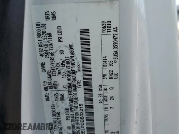2012 Ford Econoline Cargo Commercial with VIN 1FTNE2EL0CDB33215, listed as a Copart auction lot 63120784 with 258,466 mi miles and Salvage title. Bid and sale history available at DreamBid. Image 13.