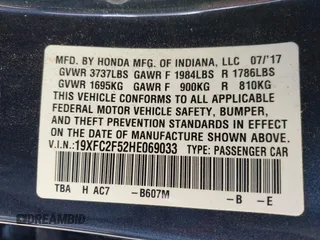 2017 Honda Civic LX with VIN 19XFC2F52HE069033, listed as a IAAI auction lot 41866390 with 68,050 mi miles and . Bid and sale history available at DreamBid. Image 9.