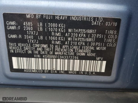 2010 Subaru Outback Prem All-Weather/HK Aud with VIN 4S4BRBFC9A3372296, listed as a Copart auction lot 44041575 with 224,961 mi miles and Salvage Title. Bid and sale history available at carsss.com. Image 14.