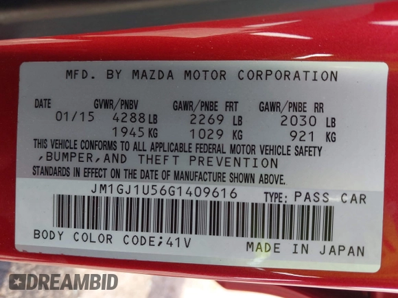2016 Mazda 6 i Sport with VIN JM1GJ1U56G1409616, listed as a IAAI auction lot 42067647 with 158,180 mi miles and . Bid and sale history available at DreamBid. Image 9.