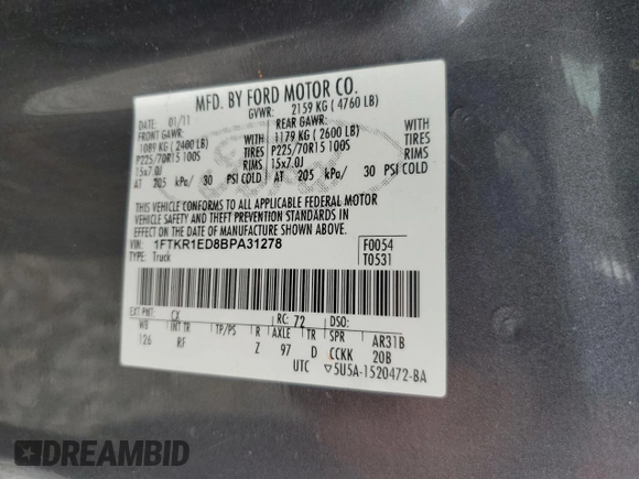 2011 Ford Ranger XL with VIN 1FTKR1ED8BPA31278, listed as a Copart auction lot 57511205 with 232,521 mi miles and Salvage title. Bid and sale history available at DreamBid. Image 12.