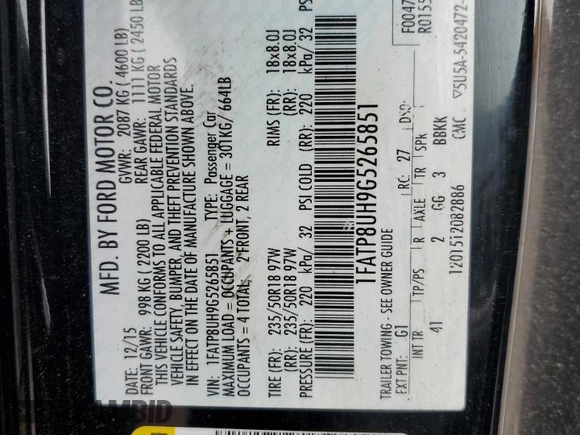2016 Ford Mustang EcoBoost Premium z VIN 1FATP8UH9G5265851, wystawiony jako Copart lot #58634275 z przebiegiem 107 670 mil mil oraz Szkoda całkowita • Salvage title. Historia ofert i sprzedaży dostępna na DreamBid. Obrazek 12.