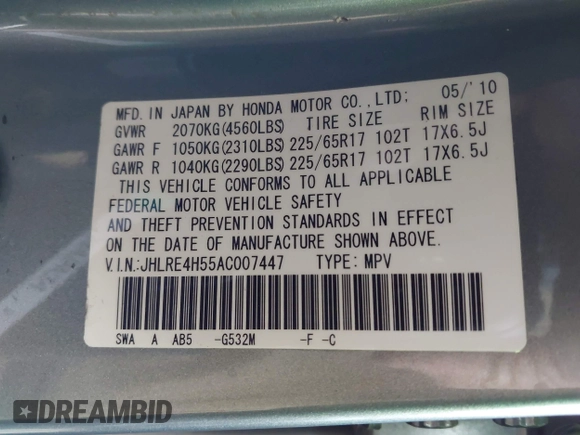 2010 Honda CR-V EX z VIN JHLRE4H55AC007447, wystawiony jako IAAI lot #41765303 z przebiegiem 186 945 mil mil oraz . Historia ofert i sprzedaży dostępna na DreamBid. Obrazek 9.