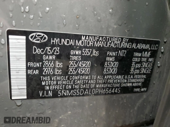 2023 Hyundai Santa Fe Calligraphy with VIN 5NMS5DAL0PH656445, listed as a Copart auction lot 53157305 with 30,373 mi miles and Salvage title. Bid and sale history available at DreamBid. Image 14.