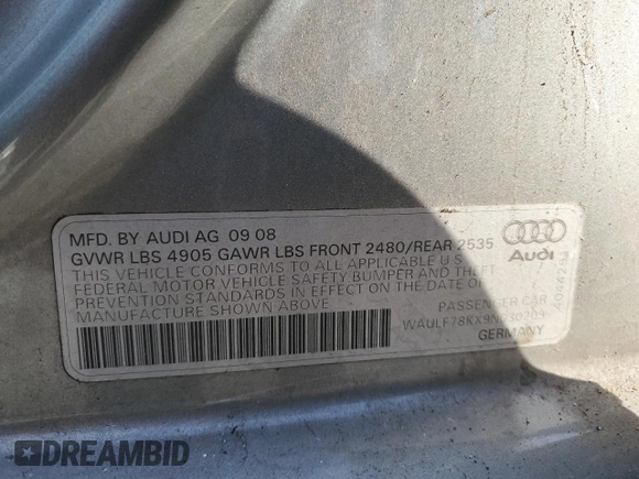 2009 Audi A4 2.0T Prem with VIN WAULF78KX9N030209, listed as a Copart auction lot 49208255 with 96,236 mi miles and Non Repairable. Bid and sale history available at carsss.com. Image 12.