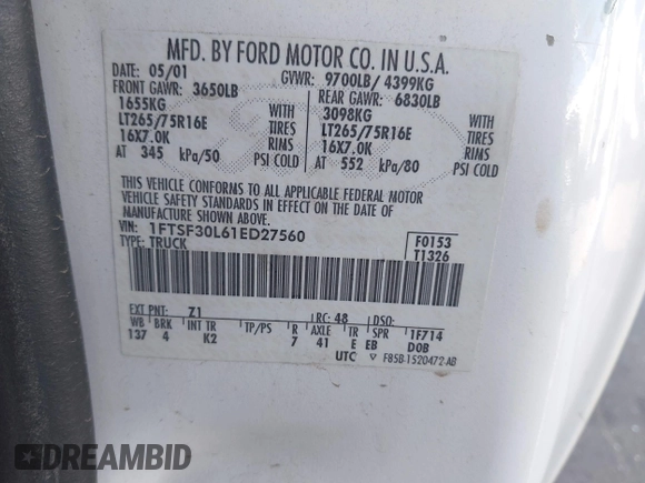 2001 Ford F-350 XL with VIN 1FTSF30L61ED27560, listed as a IAAI auction lot 42227103 with 244,077 mi miles and . Bid and sale history available at DreamBid. Image 9.