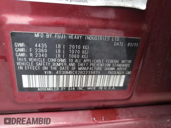 2011 Subaru Legacy Premium z VIN 4S3BMBC62B3239835, wystawiony jako Copart lot #55511365 z przebiegiem 212 413 mil mil oraz Szkoda całkowita • Salvage title. Historia ofert i sprzedaży dostępna na DreamBid. Obrazek 13.