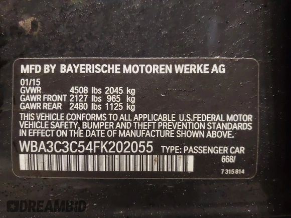 2015 BMW 3 Series 320i xDrive with VIN WBA3C3C54FK202055, listed as a IAAI auction lot 41658775 with 144,505 mi miles and . Bid and sale history available at DreamBid. Image 9.