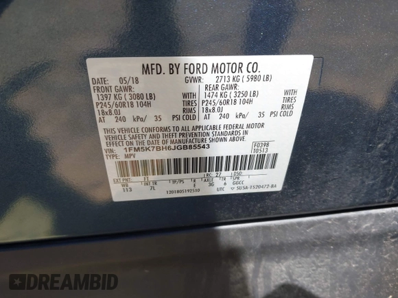 2018 Ford Explorer with VIN 1FM5K7BH6JGB85543, listed as a IAAI auction lot 42305090 with 75,662 mi miles and . Bid and sale history available at DreamBid. Image 9.
