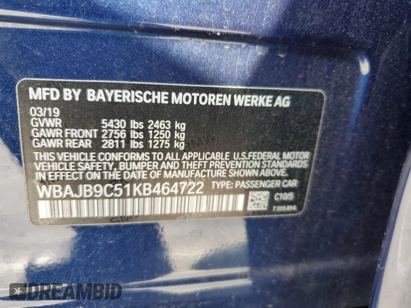 2019 BMW 5 Series M550i xDrive with VIN WBAJB9C51KB464722, listed as a Copart auction lot 53575135 with 70,187 mi miles and Salvage title. Bid and sale history available at DreamBid. Image 12.