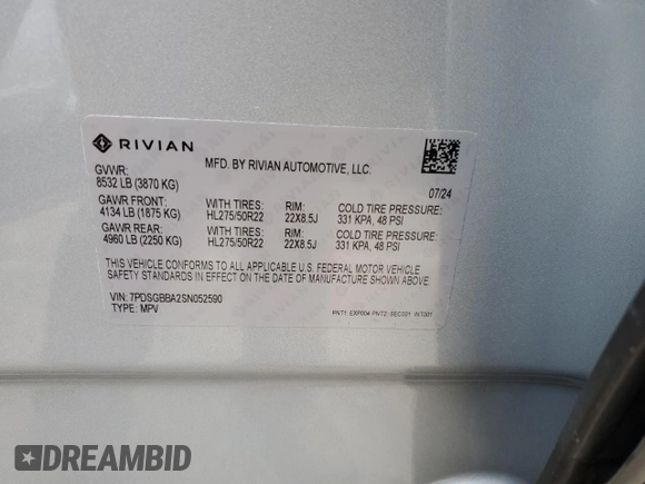 2025 Rivian R1S Adventure z VIN 7PDSGBBA2SN052590, wystawiony jako Copart lot #48431075 z przebiegiem 11 065 mil mil oraz Szkody całkowita. Historia ofert i sprzedaży dostępna na DreamBid. Obrazek 13.
