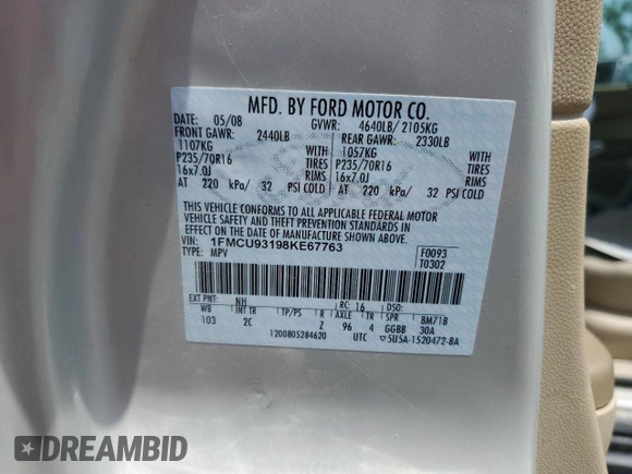 2008 Ford Escape XLT with VIN 1FMCU93198KE67763, listed as a Copart auction lot 60103005 with 147,075 mi miles and Salvage title. Bid and sale history available at DreamBid. Image 13.