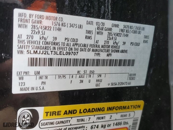 2020 Lincoln Navigator Reserve with VIN 5LMJJ2LT3LEL09707, listed as a Copart auction lot 47657675 with 54,145 mi miles and Salvage Title. Bid and sale history available at carsss.com. Image 13.