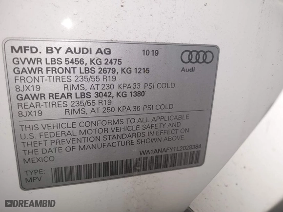 2020 Audi Q5 Premium with VIN WA1ANAFY1L2028384, listed as a IAAI auction lot 41834207 with 20,008 mi miles. Bid and sale history available at carsss.com. Image 9.