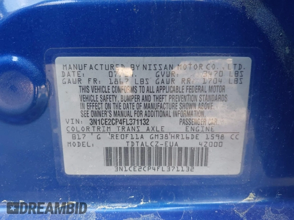 2015 Nissan Note SV with VIN 3N1CE2CP4FL371132, listed as a IAAI auction lot 42111333 with 103,873 mi miles and . Bid and sale history available at DreamBid. Image 9.