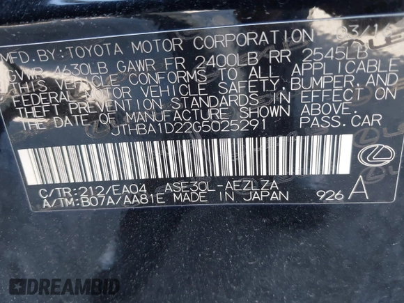 2016 Lexus IS 200t with VIN JTHBA1D22G5025291, listed as a IAAI auction lot 42310741 with 98,898 mi miles and . Bid and sale history available at DreamBid. Image 9.