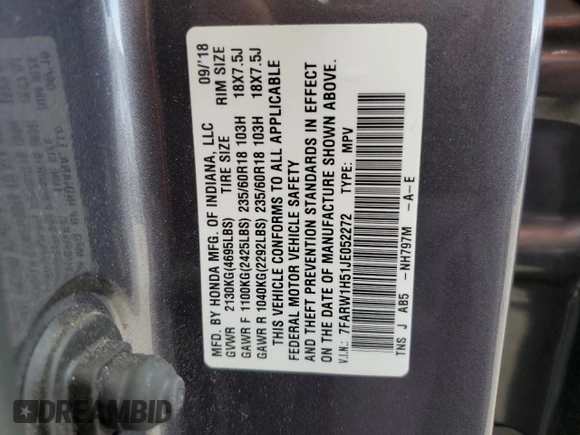 2018 Honda CR-V EX with VIN 7FARW1H51JE052272, listed as a Copart auction lot 49498945 with 61,324 mi miles and Salvage Title. Bid and sale history available at DreamBid. Image 15.