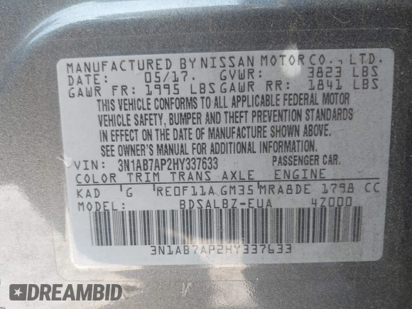 2017 Nissan Sentra S with VIN 3N1AB7AP2HY337633, listed as a IAAI auction lot 42806631 with 124,251 mi miles and . Bid and sale history available at DreamBid. Image 9.