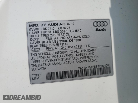 2011 Audi Q7 Prestige with VIN WA1WMAFE8BD001068, listed as a Copart auction lot 59710825 with 128,222 mi miles and Salvage title. Bid and sale history available at DreamBid. Image 12.