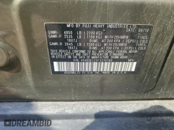 2015 Subaru Outback Limited with VIN 4S4BSELC0F3215189, listed as a Copart auction lot 59930765 with 190,314 mi miles and Salvage title. Bid and sale history available at DreamBid. Image 13.