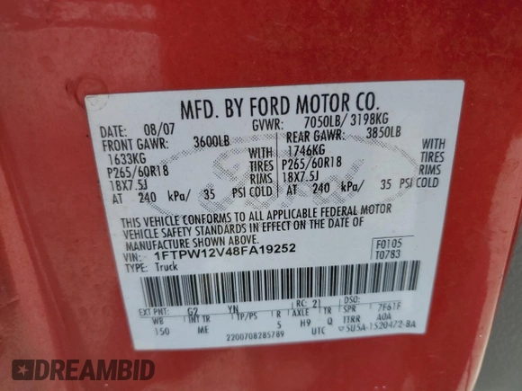 2008 Ford F-150 XLT with VIN 1FTPW12V48FA19252, listed as a Copart auction lot 59134935 with 214,004 mi miles and Salvage title. Bid and sale history available at DreamBid. Image 12.