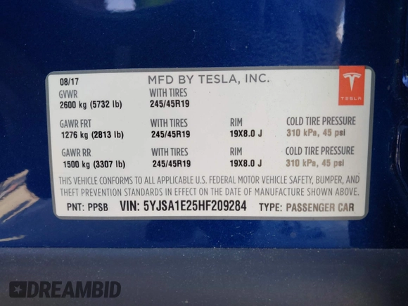 2017 Tesla Model S 100D с VIN 5YJSA1E25HF209284, выставлен на аукционе IAAI как лот 41953515 с пробегом 83 489 миль миль и . История ставок и продаж доступна на DreamBid. Изображение 9.