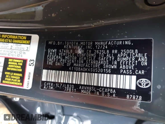 2025 Toyota Camry LE z VIN 4T1DBADK4SU520156, wystawiony jako IAAI lot #41865277 z przebiegiem 220 mil mil oraz . Historia ofert i sprzedaży dostępna na DreamBid. Obrazek 9.