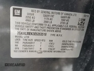 2014 GMC Terrain SLE with VIN 2GKALMEK3E6263518, listed as a Copart auction lot 45671745 with 139,008 mi miles and Salvage title. Bid and sale history available at DreamBid. Image 13.