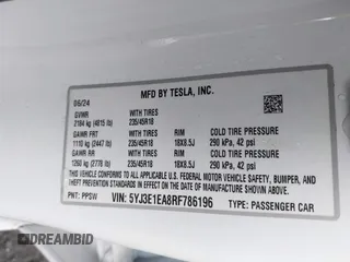 2024 Tesla Model 3 with VIN 5YJ3E1EA8RF786196, listed as a IAAI auction lot 40780675 with 5,959 mi miles and . Bid and sale history available at DreamBid. Image 9.