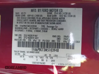 2021 Ford Mustang GT with VIN 1FA6P8CF3M5103948, listed as a IAAI auction lot 41371529 with 67,182 mi miles. Bid and sale history available at carsss.com. Image 9.